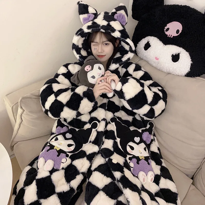 2Pcs Hellokitty Kawaii Plush Pajamas Anime Cartoon Kuromi Winter Velvet Thickening Cute Hooded Pajamas Home Clothes Girls Gifts