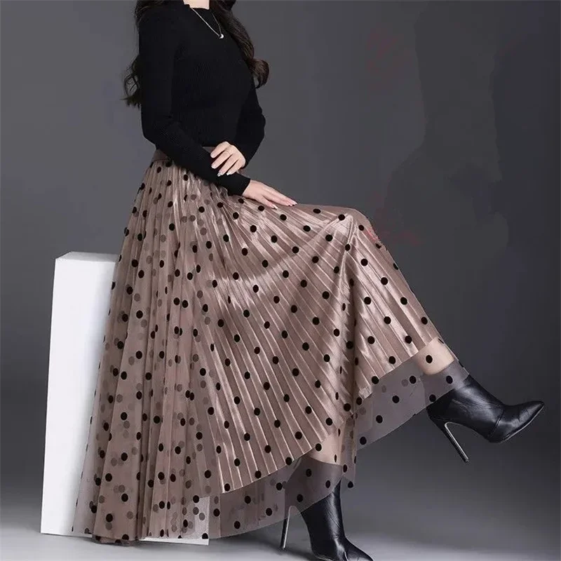Pop High Waist Long Mesh Skirt Tulle Skirt Women 2025 Spring Summer Elastic High Waist Women Pleated A-line Skirt Female Midi Sk