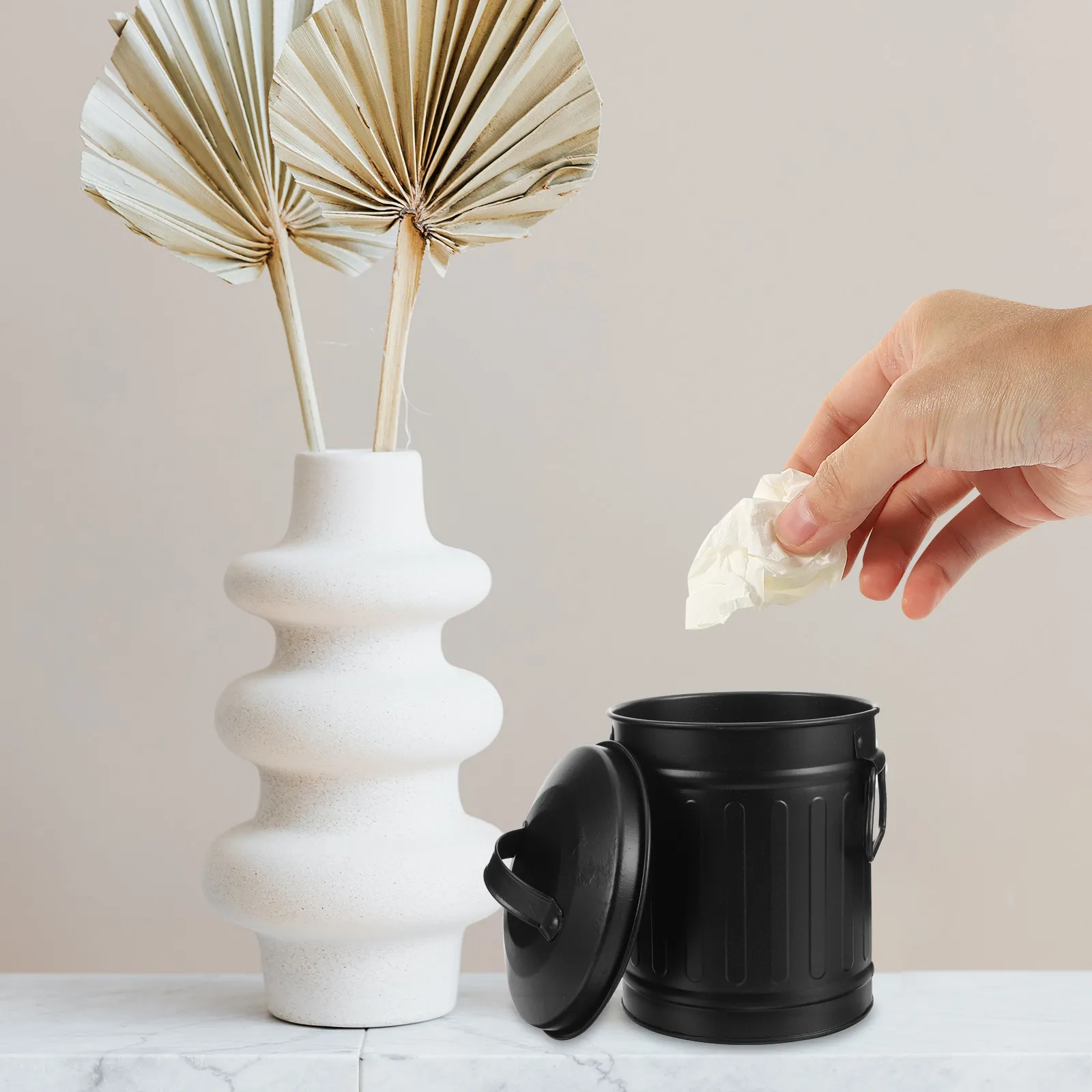 Bucket Shaped Desktop Trash Bin Iron Office Waste Container Small Stylish Garbage Can for Bedroom Bathroom Kitchen Living Room