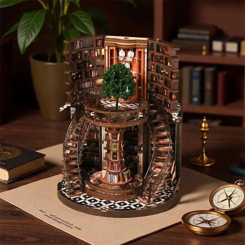 3D Book Nook Kit Wisdom Ring, DIY Miniature House Model, Wooden Bookshelf Insert Decor Bookend Gift for Adults