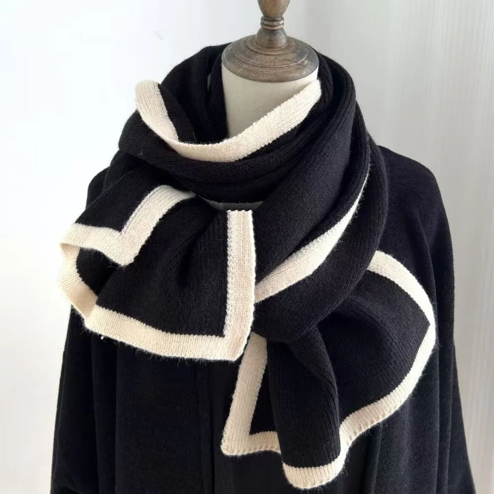 Solid Color Winter Knit Scarf Warm Soft Material Contrast Edge Neck Warmer Double-Sided Design Casual Style Versatile Scarf
