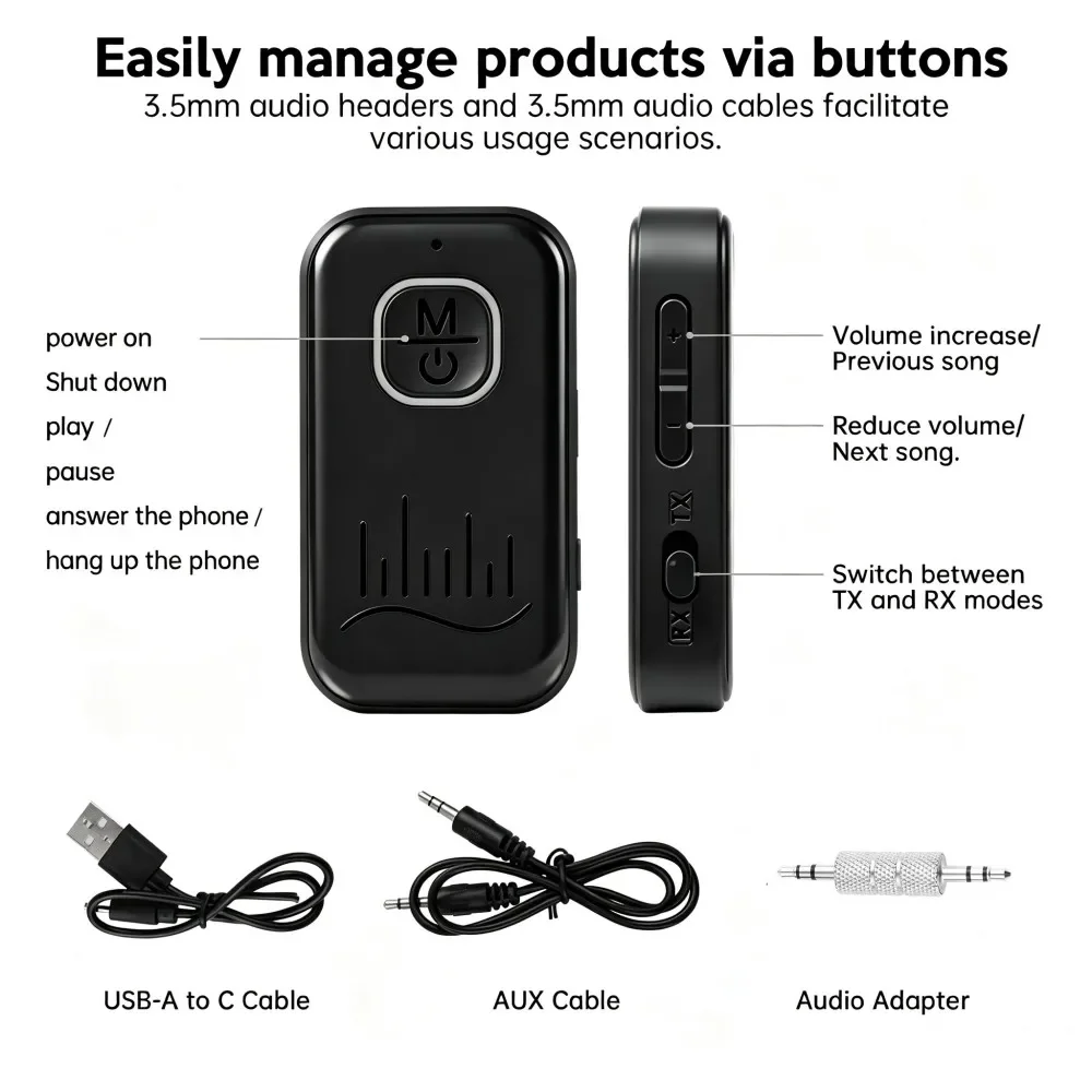 KEBIDUMEI BT6.0 2in1 Audio Adapter 3.5mm AUX Transmitter Receiver With MIC HandsFree Lossless Sound For Car Speaker PC Headphone view 3