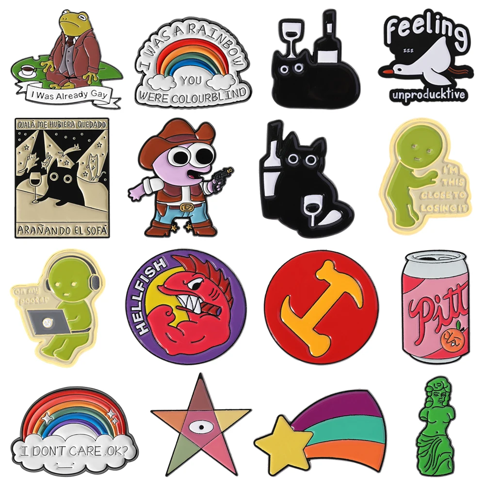 

Cartoon Anime Cowboy Character Enamel Brooch Frog Rainbow Red Wine Cat Star Sculpture Drink Fun Metal Badge Jewelry Friend Gift