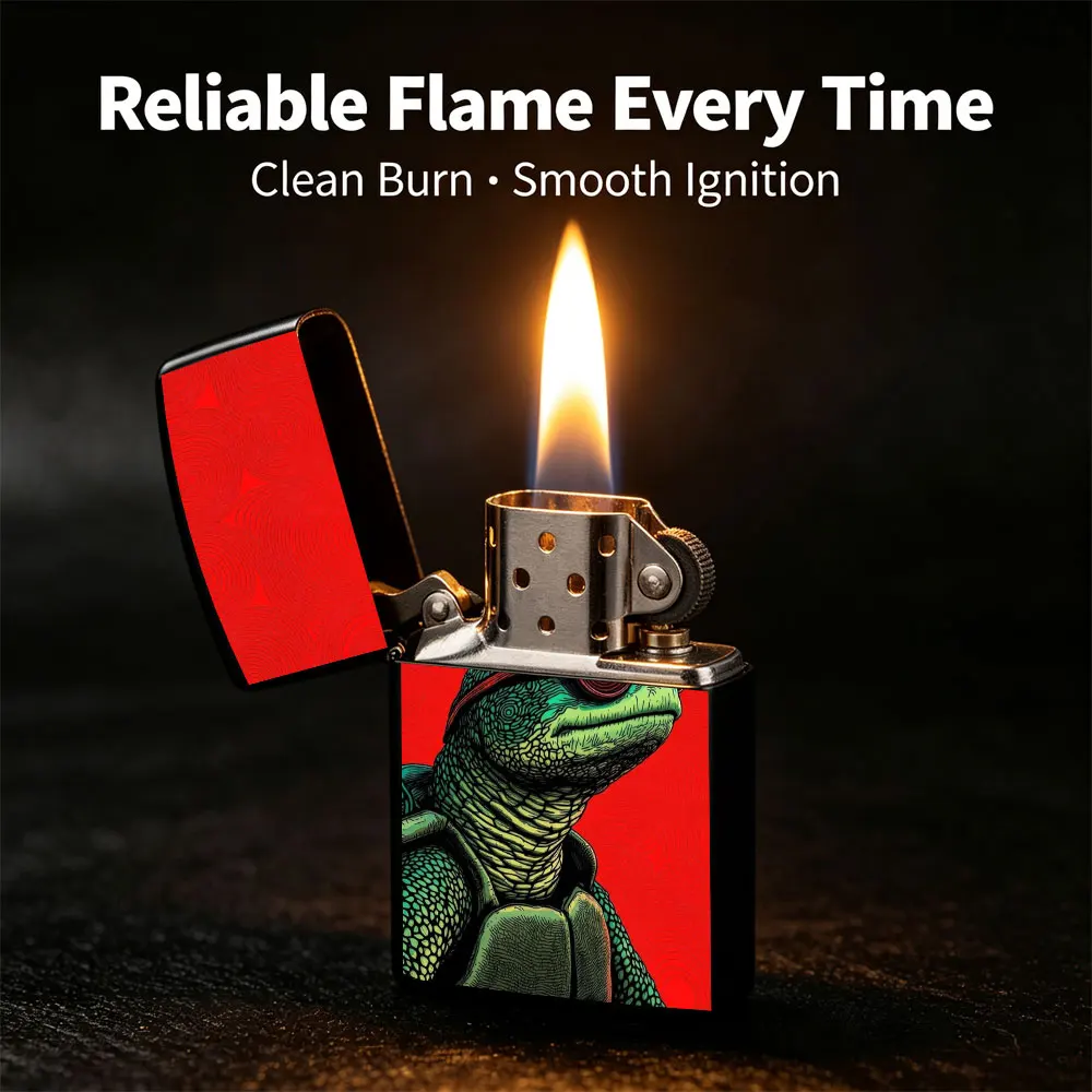 Pocket Lighter, Flip-Top Windproof Design, Metal Shell, Turtle Print with Sunglasses on Red Background, Cool & Stylish, Comfortable Grip, Portable & Durable