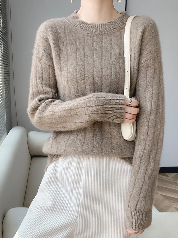 High-end Women Sweater Autumn Winter 100% Merino Wool  O-Neck  Long Sleeve Shoulder drop Pullover Loose Knitwear Korean Fashion