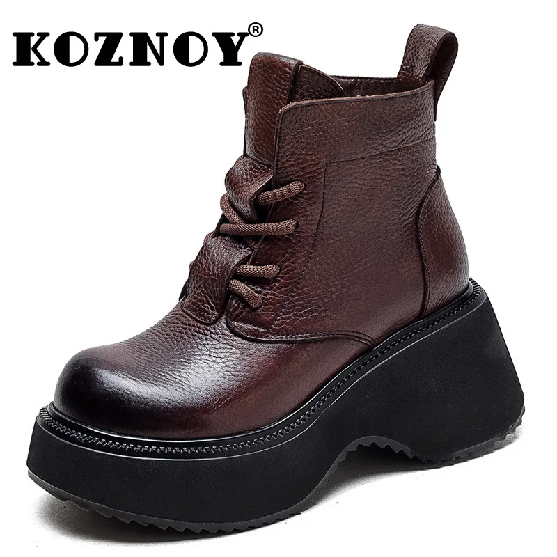 

Koznoy 6.5cm Retro Natural Genuine Leather Woman Platform Wedge ROME Autumn British Booties Ankle Motorcycle Spring Ethnic Shoes