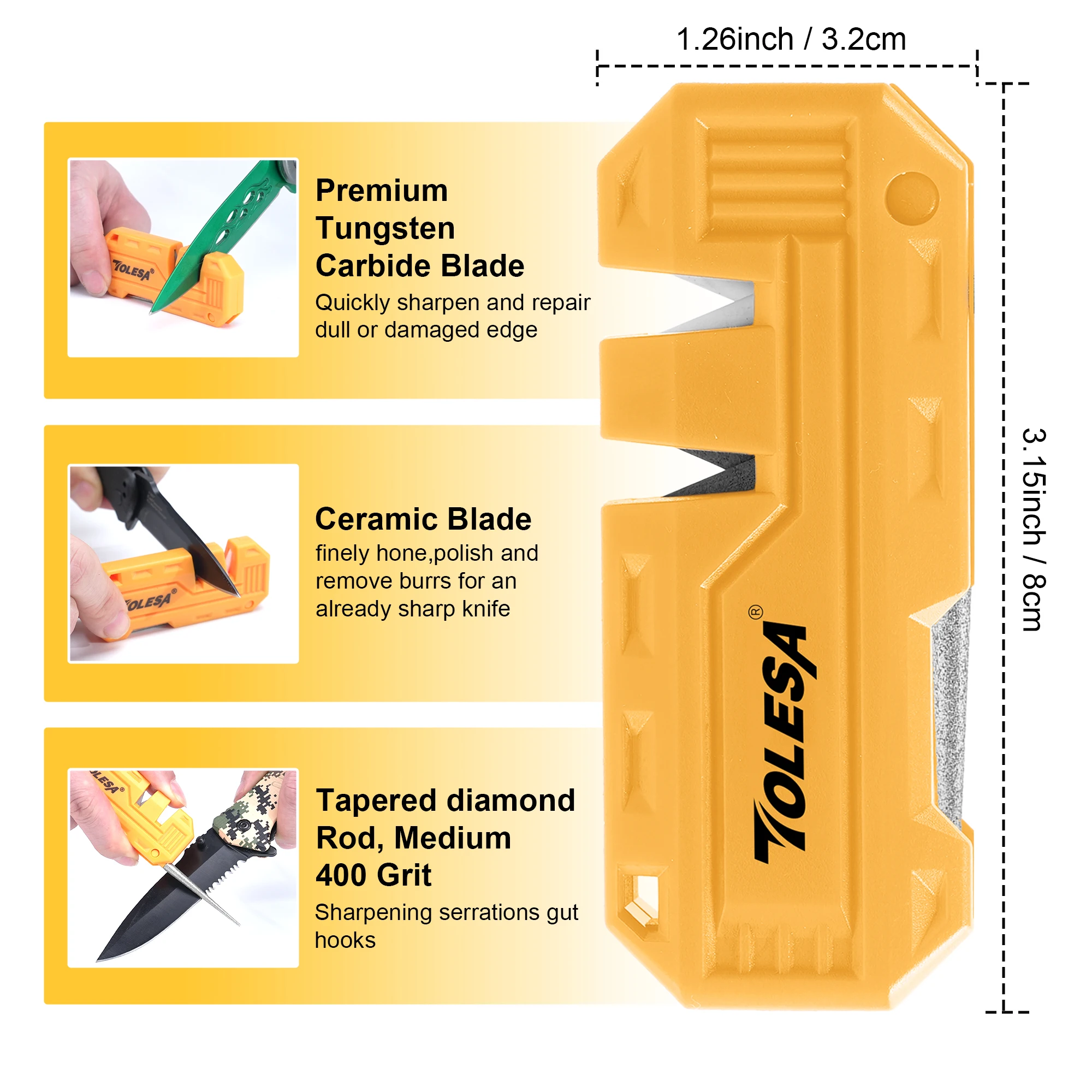 TOLESA 2in1 Knife Sharpener, Portable Knife Sharpener with Diamond Sharpening Rod, Multi-Functional Sharpener For Outdoor Use