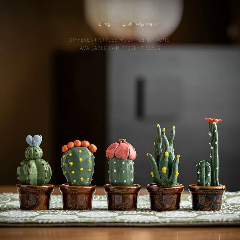 Glossy Green Mini Cactus Figurine - Handmade Ceramic Succulent Sculpture, Cute Desk Decor for Home Office,Farmhouse Shelf Accent