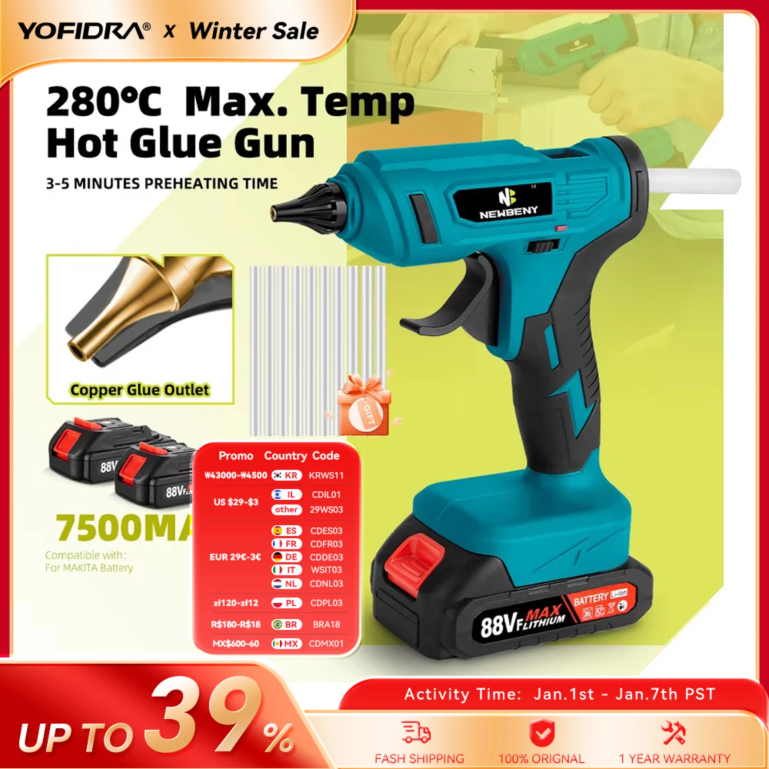 NEWBENY 280°C Cordless Hot Melt Glue Gun Portable Rechargeable with 10pcs 11mm Glue Sticks DIY Repair Tool For Makita 18VBattery