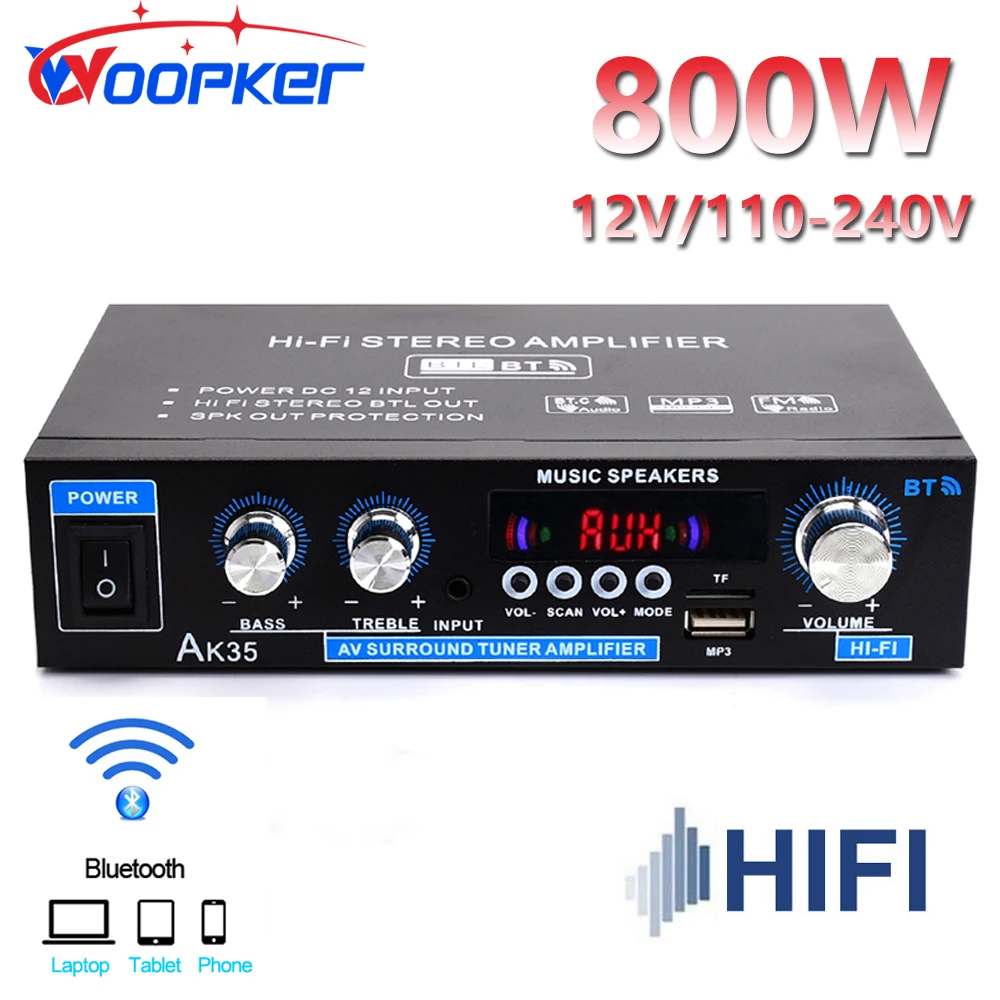 Woopker Amp Ak35 800W Home Digital Amplifier 12V Bass Audio Power Bluetooth Amp Hifi Fm Subwoofer Speakers 100-240V