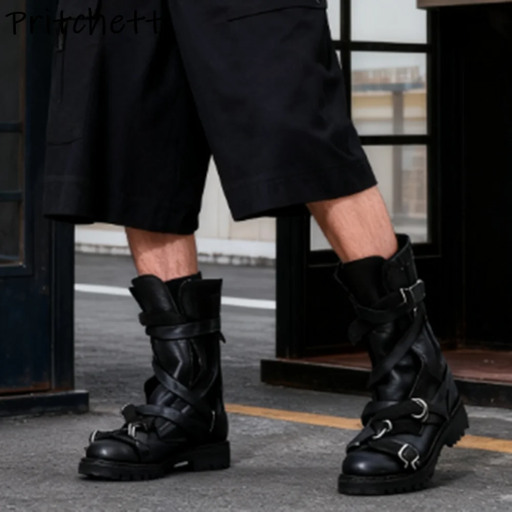 Black Multi Buckle Mid Calf Boots Round Toe Thick Soled Leather Side Zipper All Match Fashion Shoes Winter Couples Retro Shoes