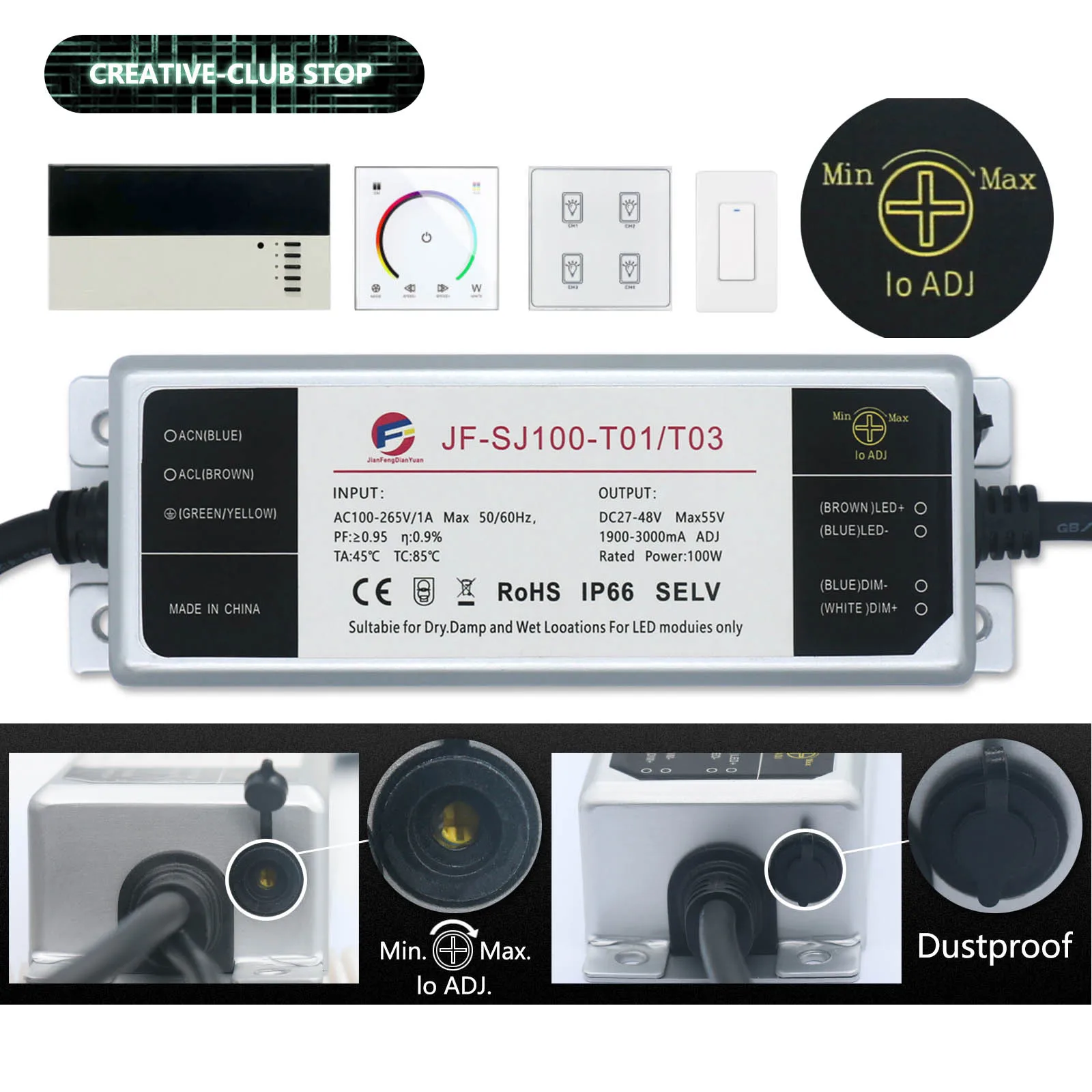 led driver regulavel transformador eletronico triac comutacao de alimentacao ip67 impermeavel 110v 220v ac para dc 24v48v 100w 01