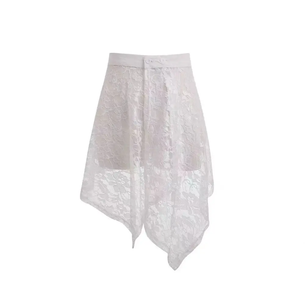 New Embroidered Flower Lace Skirt Y2K Streetwear See Through Hollow Out Skirt Irregular Harajuku Layering Skirt Jeans Decoration