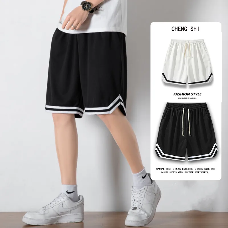 Men's Summer Sport Fitness Basketball Shorts Ice Silk Quick Dry Loose Youth Active Style Breathable Mesh Pocket Decorated Str...