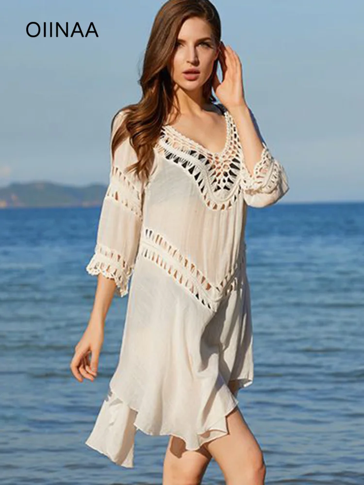 OIINAA Hollow Out Beach Dress Women Bikini Cover Up See through Summer 2025 Beach Cover-Ups Fashion Female Vacation Beachwear