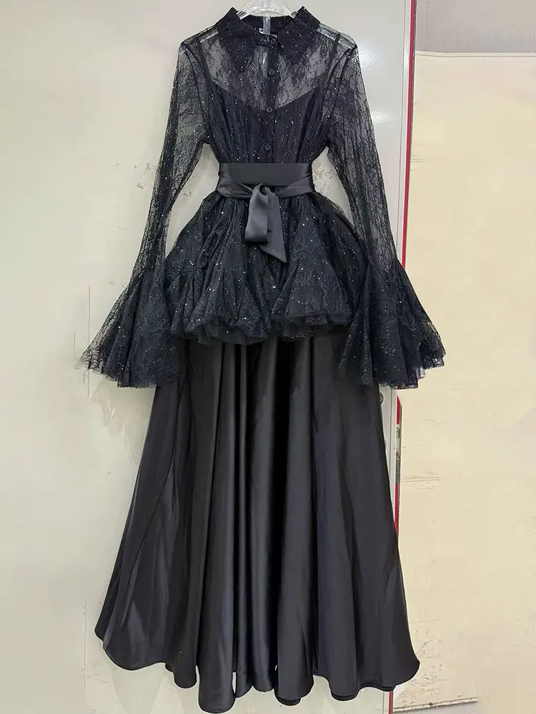 Spring/Summer 2026 Women's New Fashion Joker Stitching Lace Openwork Dress Long Skirt Waist Tie Socialite Temperament Sling Dres