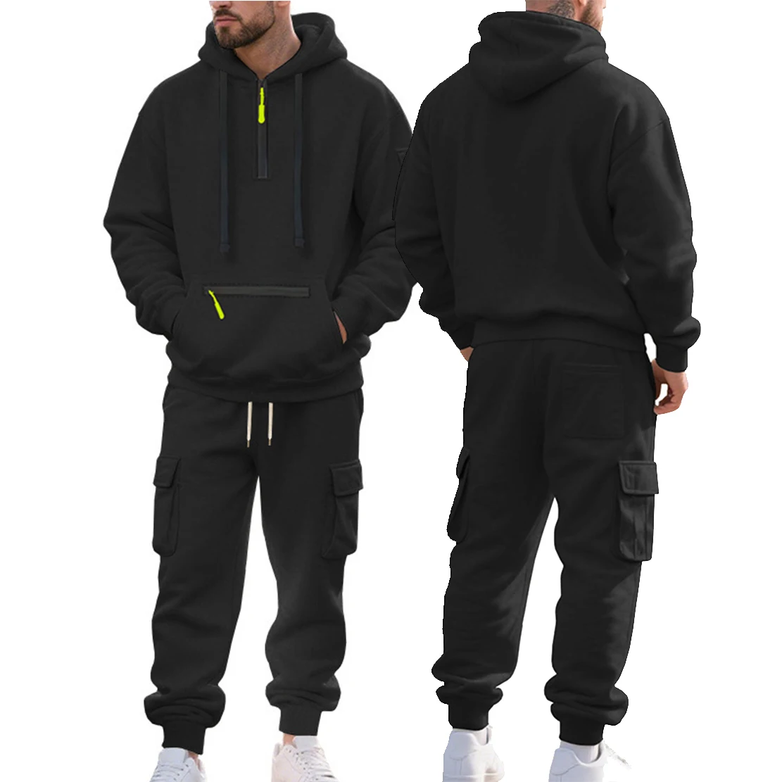 Conjunto de chándal informal con forro polar pesado para hombre para invierno: estilo de ropa de trabajo de 2 piezas, corte holgado, media cremallera