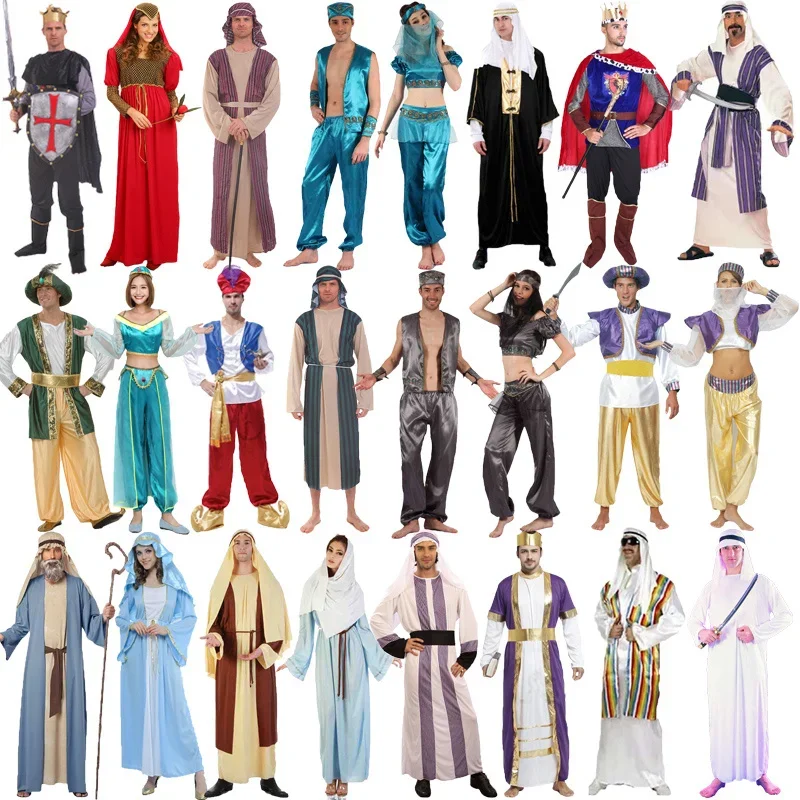 Halloween adulto cosplay traje árabe aladdin índia oriente médio dubai robe pastor traje para homem e mulher