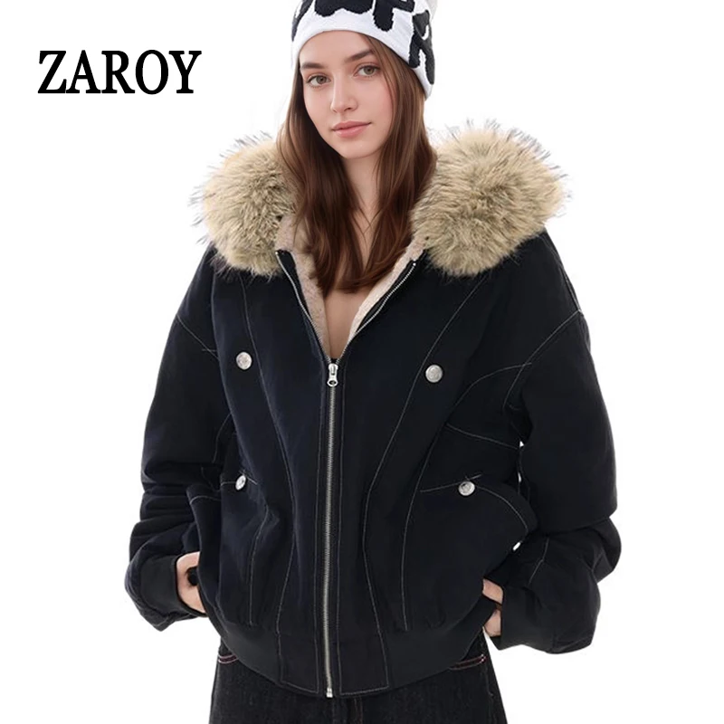 

Women's Winter Jacket Faux Mink Fur Collar Hooded Parkas Y2k Harajuku Thick Padded Casual Coat Gothic Retro Hip-hop Jacket ку