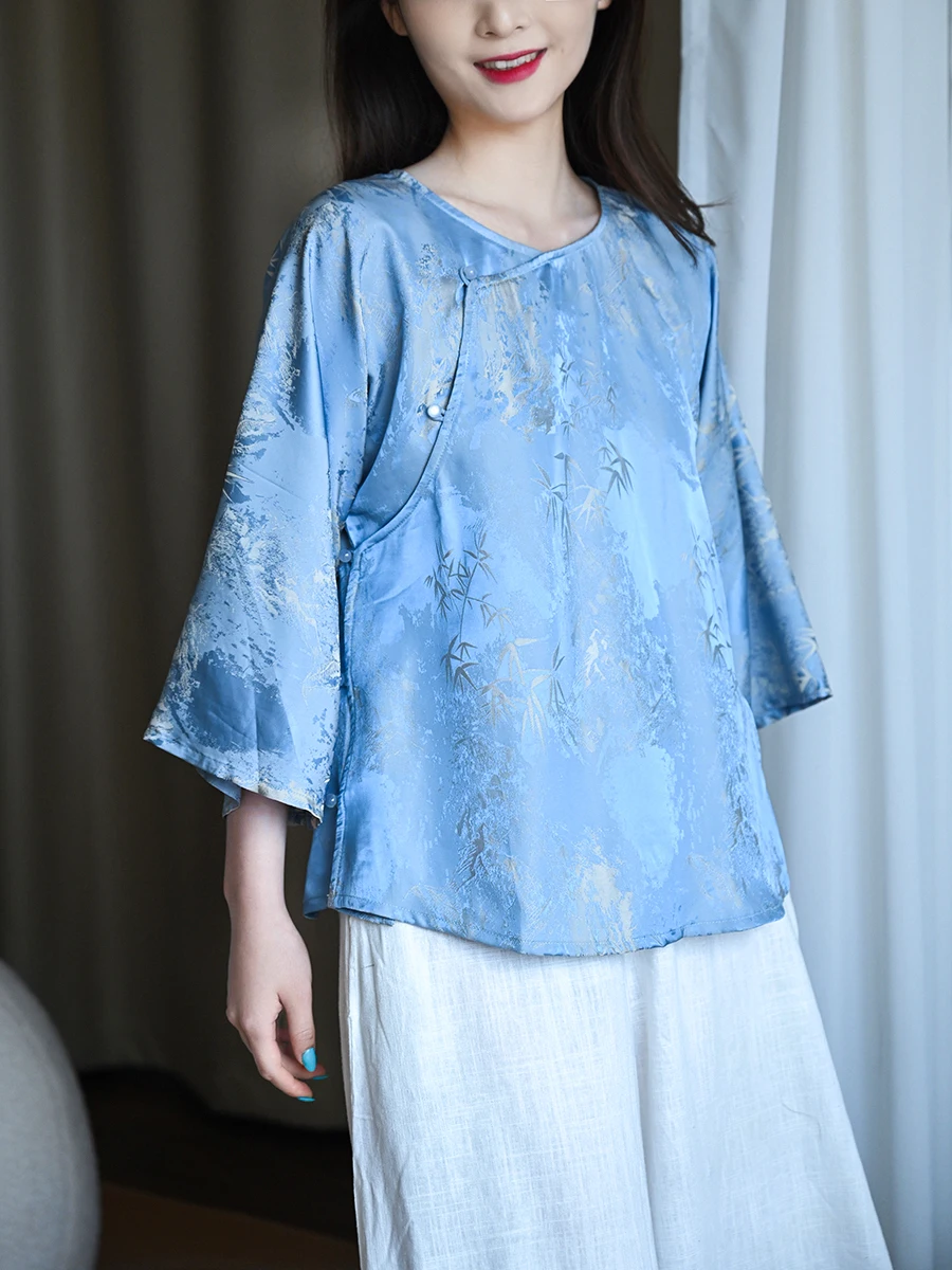 

Новая рубашка в китайском стиле из ацетатного шелка, художественная, богемная, этническая, свободного кроя, с рукавами-колокол, круглым вырезом, на пуговицах, длина 7/8