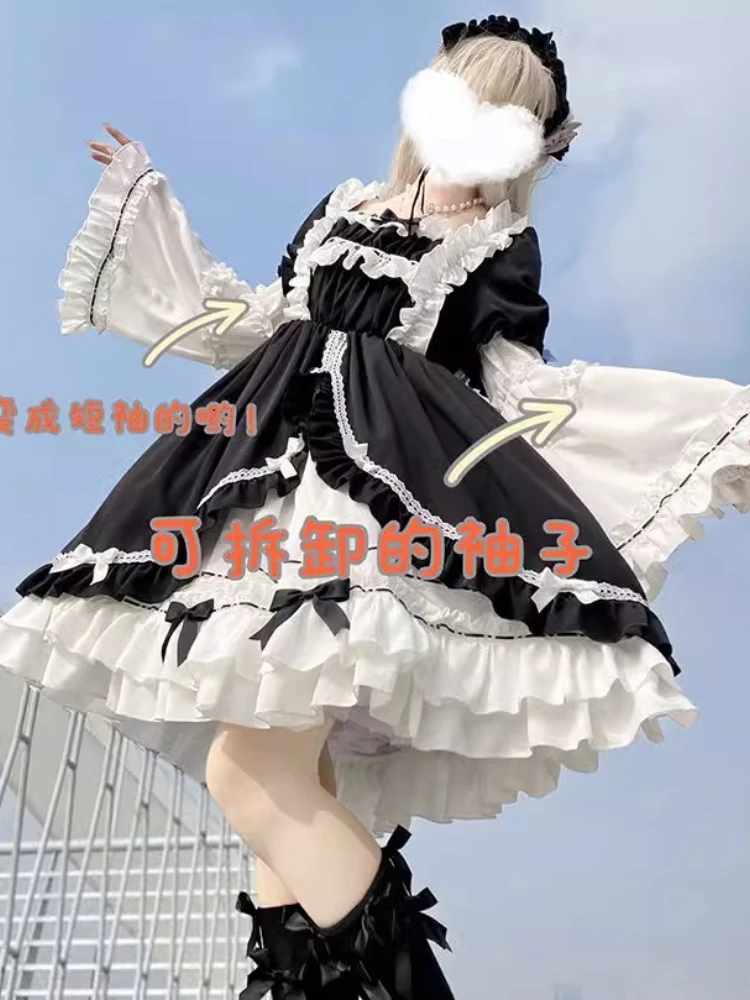 L-4XL اليابانية لوليتا فضفاضة كبيرة الحجم للإزالة فستان بكم طويل المرأة الصيف الظلام الحلو القوس الكشكشة مزاجه فساتين #4