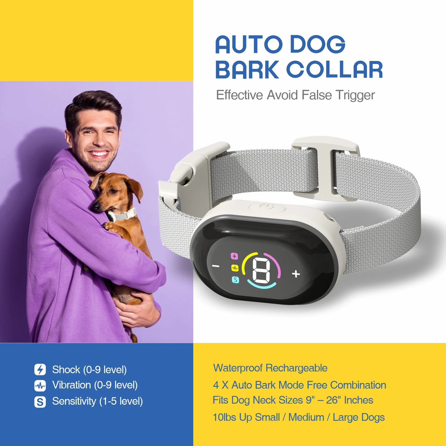 

Automatic Anti Bark Collar Dog Electric Shock, Rechargeable Dog Bark Control Collar Waterproof Stop Barking with Color Display