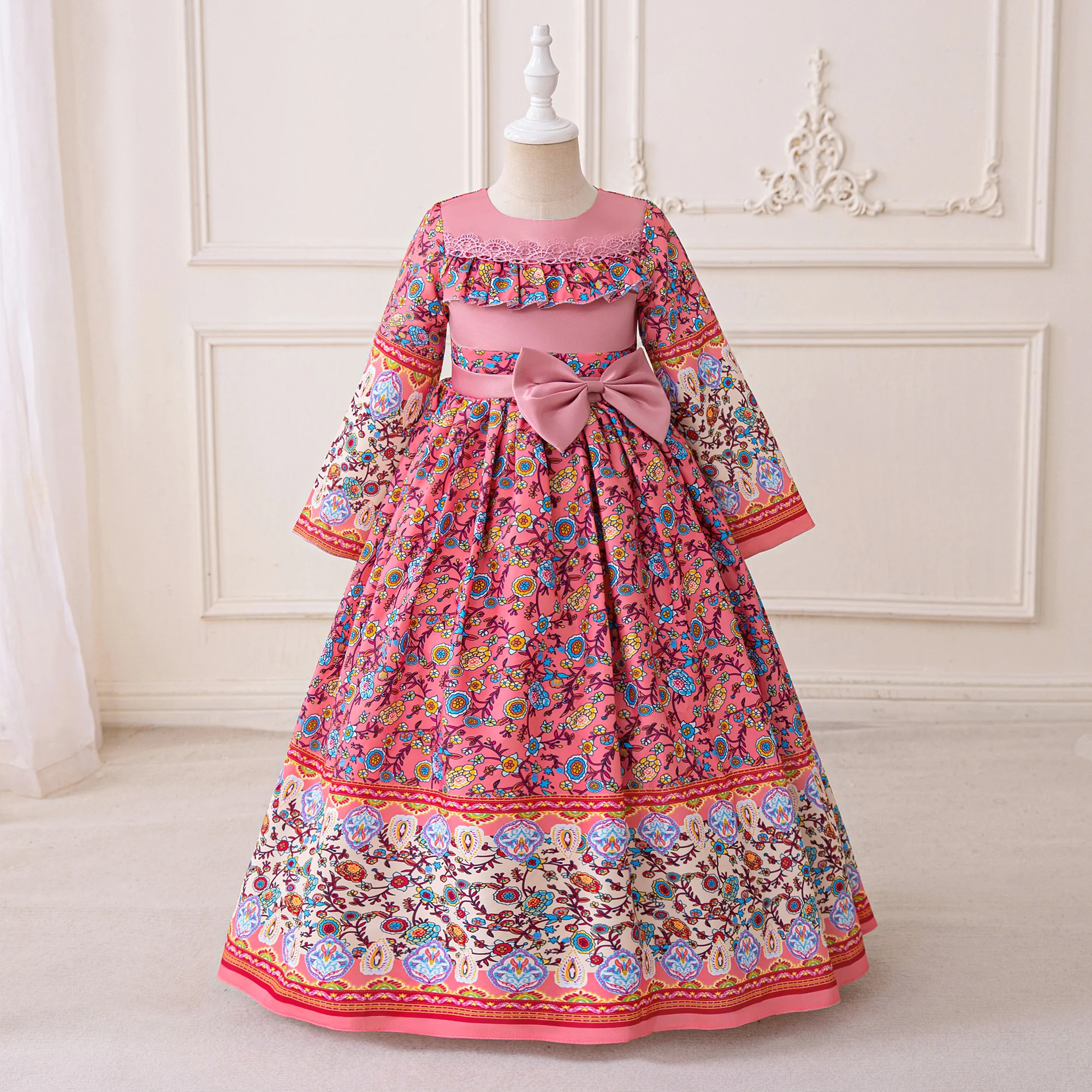 Ramadan Muslim Kids Prayer Princess Dress for Girl Flower Long Sleeve Robe Arab Dubai Child Eid Party Enfant Gown Casual Dresses