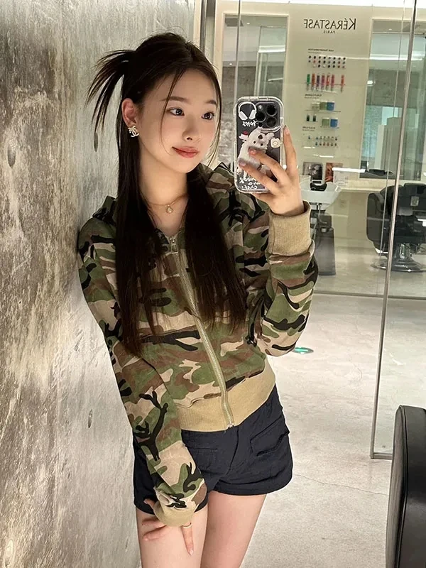 Retro Hooded Cropped Camouflage Jacket Women American Hip Hop Spring Autumn Zipper Outwear Harajuku Casual Hoodies Coats Female