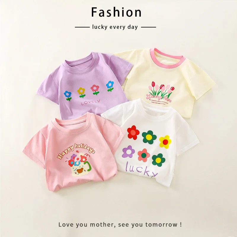 BELLBELL Summer 1-10Yrs Kids Short Sleeves Children Girls Flower Round Collar T-shirts Casual Candy Color Infant Babys Girl Tops