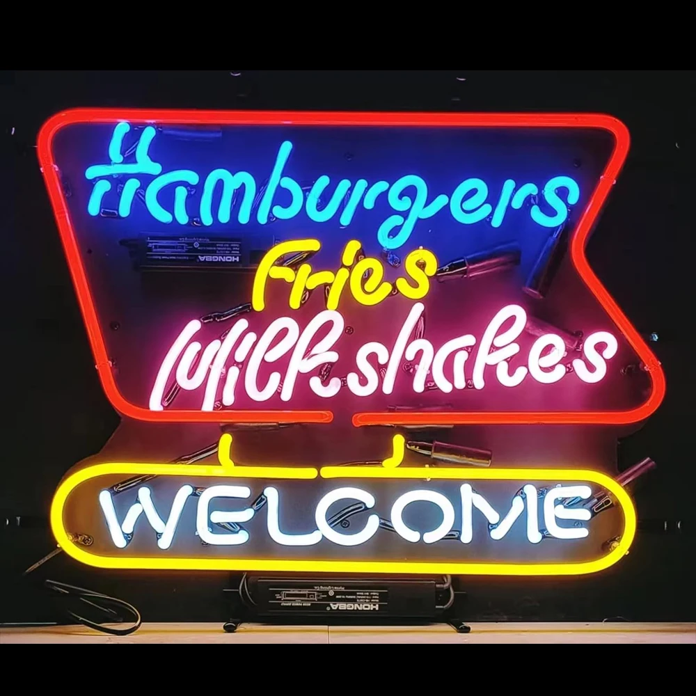 Hamburgers Fries Milkshakes Welcome Neon Sign Light Custom Handmade Real Glass Tube Store Room Decor Advertise Display Lamp