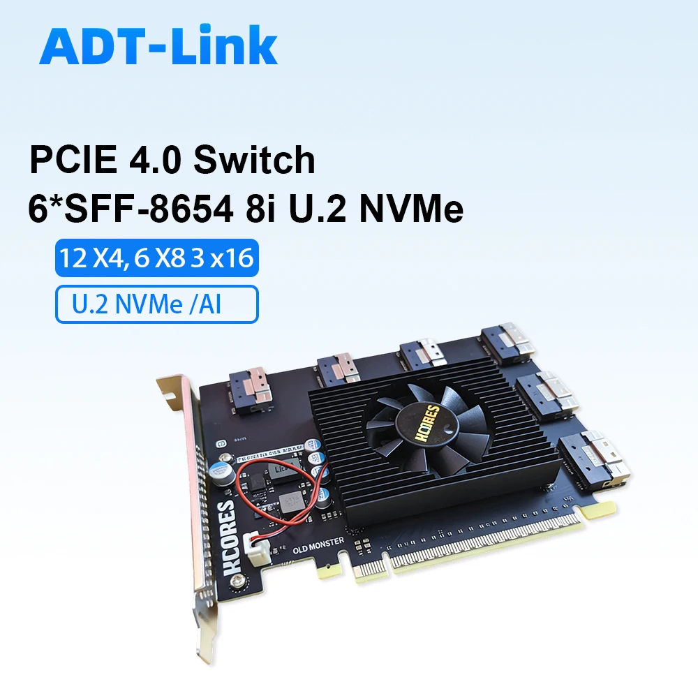 

PCIe 4.0 Switch Expansion Card 6x SFF-8654 8i U.2 NVMe Expansion AI Graphics Card 8096 Main Control for 12 X4 6 X8 3 X16 Mode