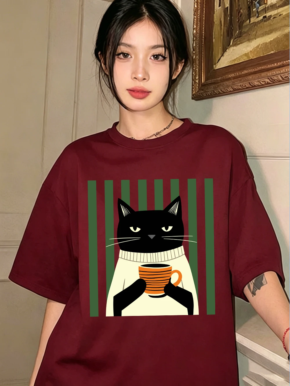 Schwarze Katze Kaffeetassen-Druck Baumwoll-T-Shirts Damen Sommer Oversized Tops Lässige Weiche Kurzarm-T-Shirts Basic O-Ausschnitt Kleidung – Detail 24