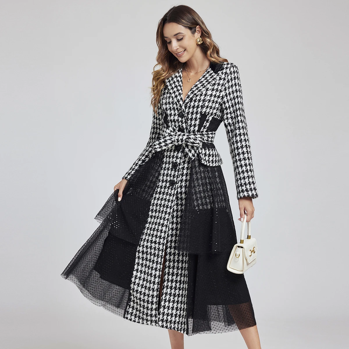 Fashion Designer Sequins Mesh Spliced Overcoat Autumn Winter Women's Single Breasted Houndstooth Belt Tweed Wool Long Coat