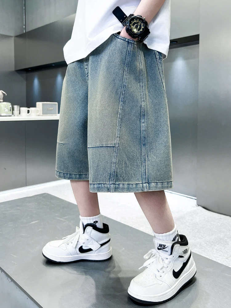 

Летние тонкие джинсовые брюки для мальчиков, модные модные детские брюки с пятью точками средней длины, повседневная одежда, молодежные брюки