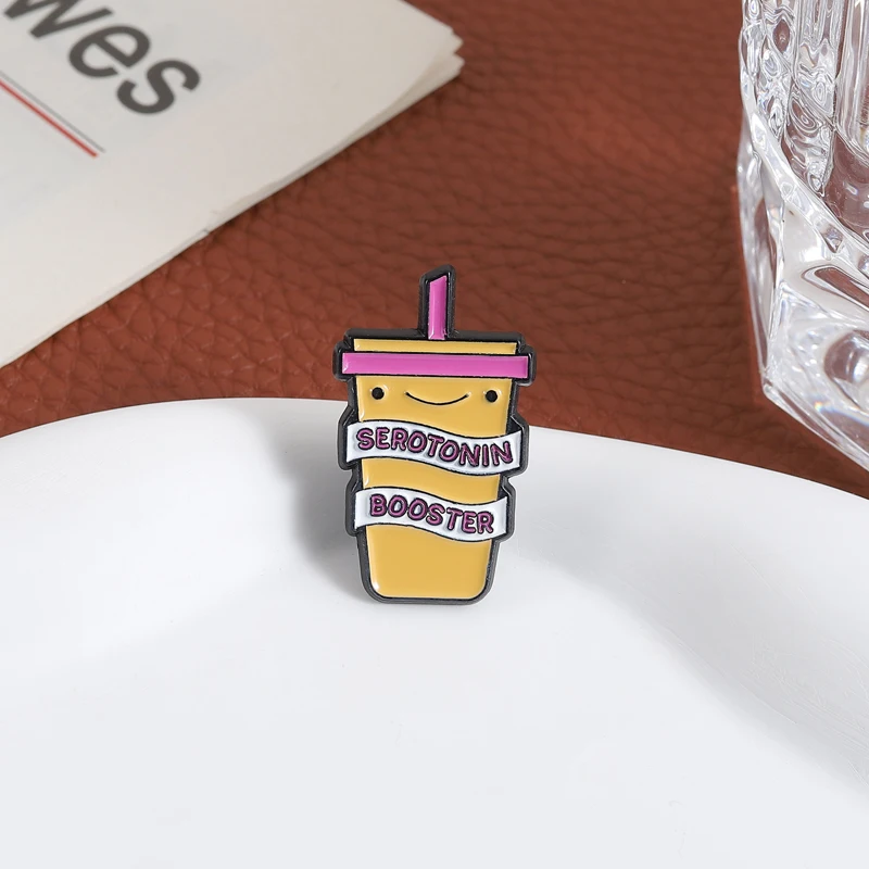 Serotonin Booster Enamel Pin Happy Drink Brooch Mood Healing Joy Supply Lapel Badge Jewelry Accessories Gift for Friends