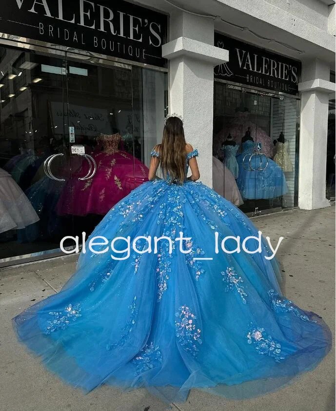 Gaun 3D bahu terbuka Applique bunga 3D gaun Quinceanera putri gemerlap biru mewah vestidos de 15 aultros quinceaera 2024