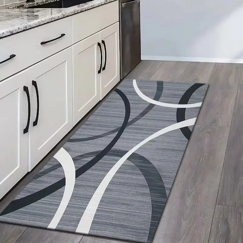 Minimalist Curved Line Runner Rug Black White Stripes Non Slip Mat Modern Geometric Carpet Kitchen Hall Entry Decor
