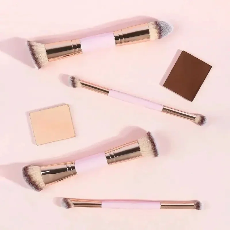 2PCS Dual-Ended Makeup Brush - Angled Contour & Flat Head Foundation Brush for Cream, Liquid Foundation, Seamless Blending