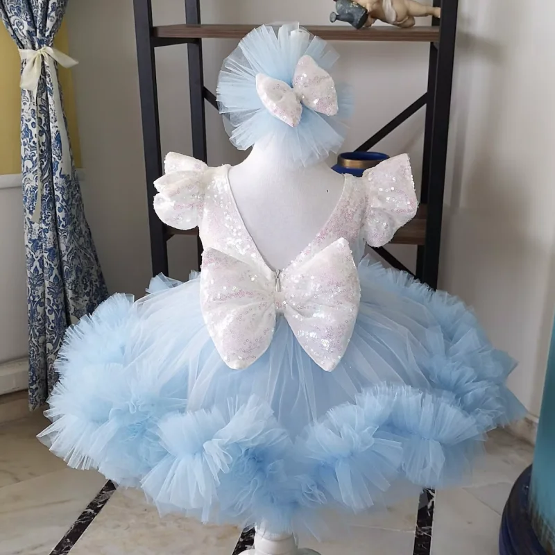 Blue Flower Girl Dresses Tulle Sequin With Bow Short Sleeve For Wedding Birthday Party First Communion Gown