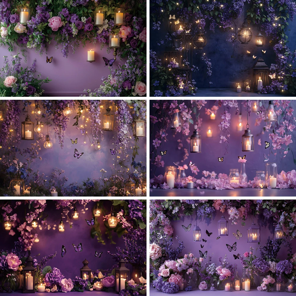 

Fairy Princess Girl Birthday Photography Background Purple Flower Wall Candle Lantern Baby Shower Backdrop Photo Studio Props