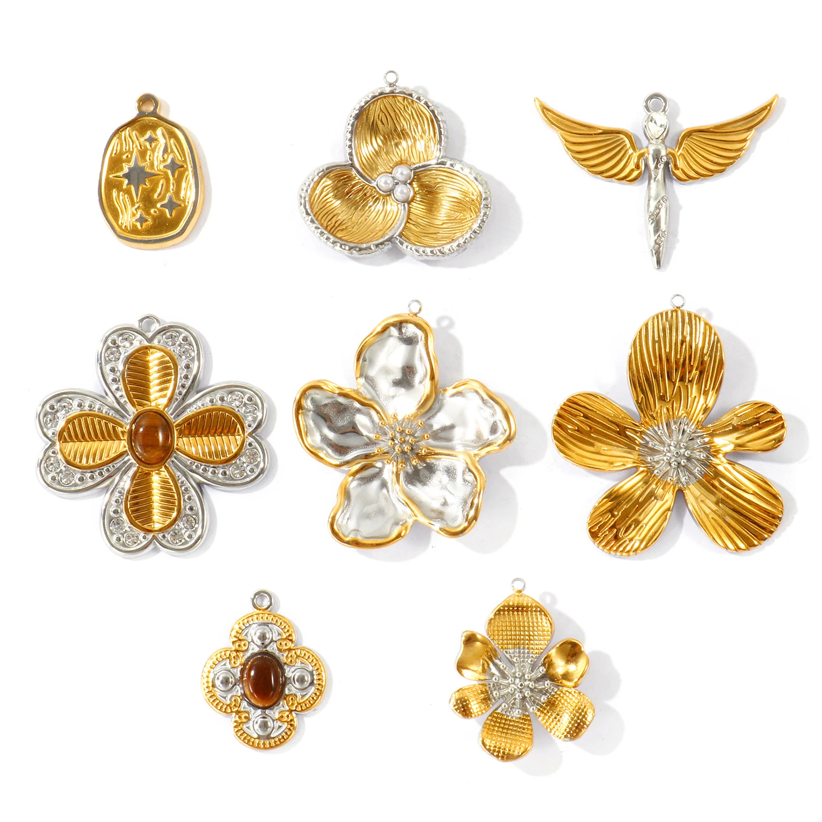 1Pc Vintage Flower Charms Stainless Steel Gold Plated Silver Color Two Tone Embossed Wing Pendant DIY Jewelry Making Findings
