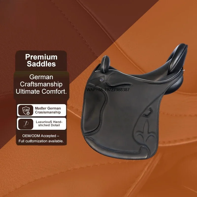 Silla de Montar Clásica de Cuero Estable para Doma Clásica, Modelo Carmen, Posición Equilibrada para Escuelas de Equitación y Centros de Entrenamiento, Color Negro Marrón