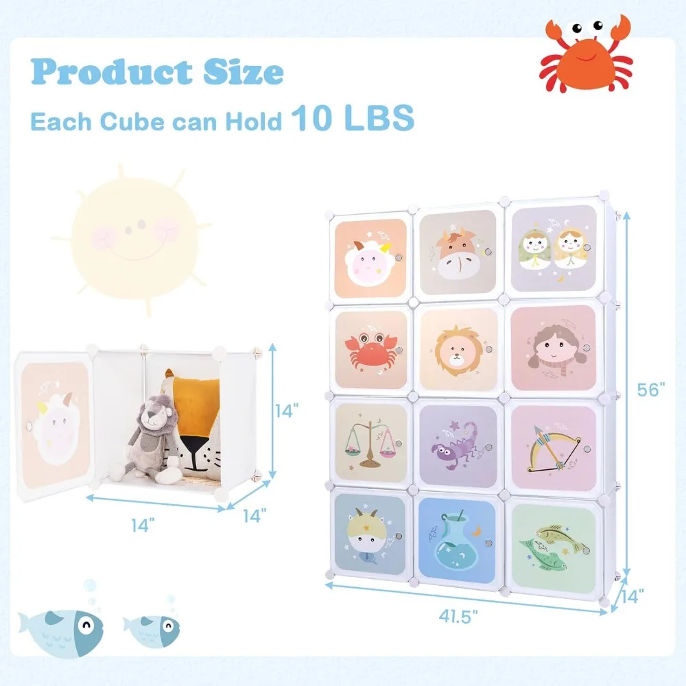 Armoire portable pour enfants avec portes, 12 cubes et 2 sections suspendues pour organisateur de rangement pour chambre d'enfant