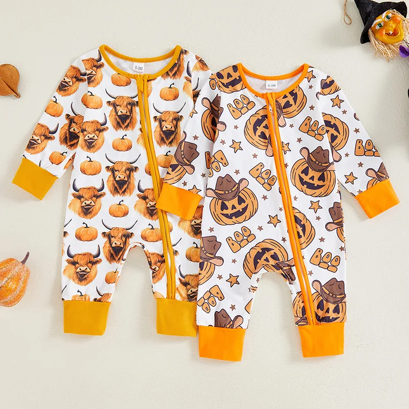 

﻿ Baby Halloween Clothes 0-12M Autumn Newborn Jumpsuit Toddler Girls Pumpkin Print Long Sleeve Romper Infant Boys Outwear