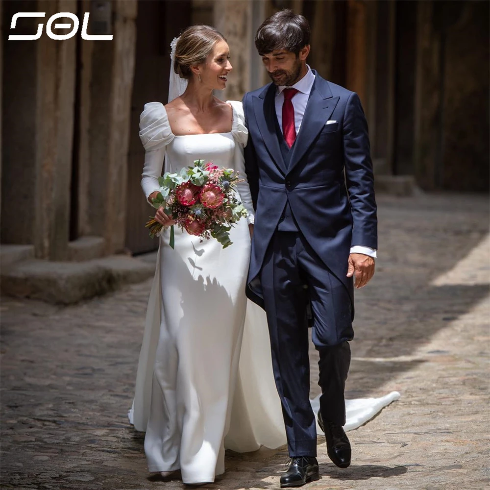 SOL elegante treno staccabile maniche lunghe a sbuffo abiti da sposa colletto quadrato Backless sirena abiti da sposa Vestidos De Novia