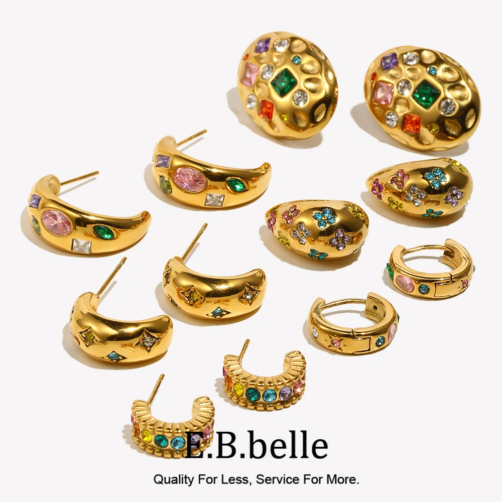E.Bbelle Stainless Steel Colorful Zircon Hoop Earring Gold Plated Sweet Statement Tarnish Free Hypoallergenic Women's Jewelry