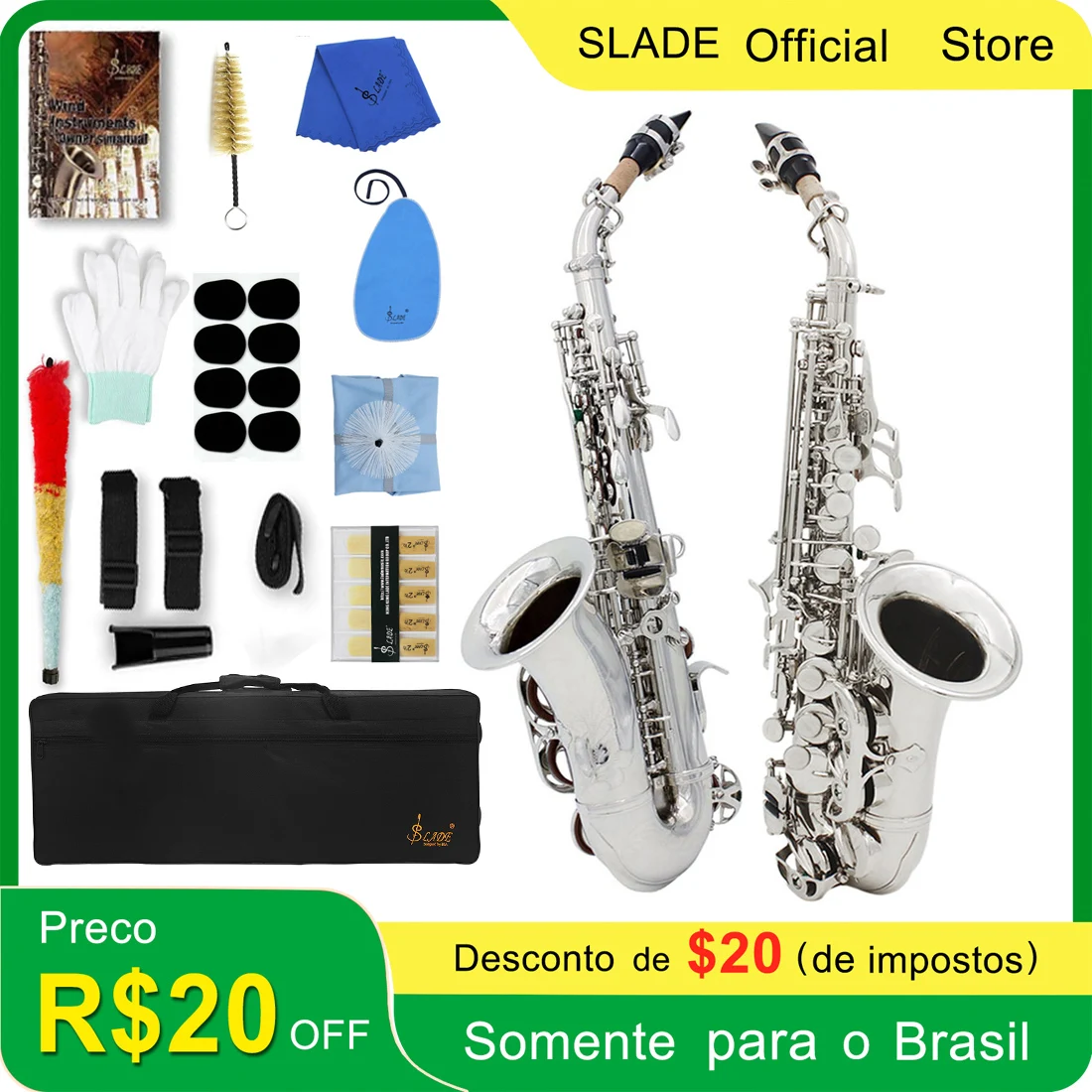 SLADE Silver Soprano Saxophone Student B Flat Paint Beginner Saxophone Set with Cleaning Cloth Suitcase Mouthpiece Reeds Part