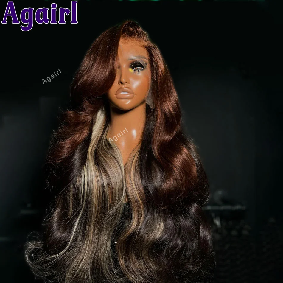 

Brown Wig With Blonde Highlights 13x6 13X4 Transparent Lace Frontal Body Wave Wigs Human Hair Colored Lace Front Wigs For Women