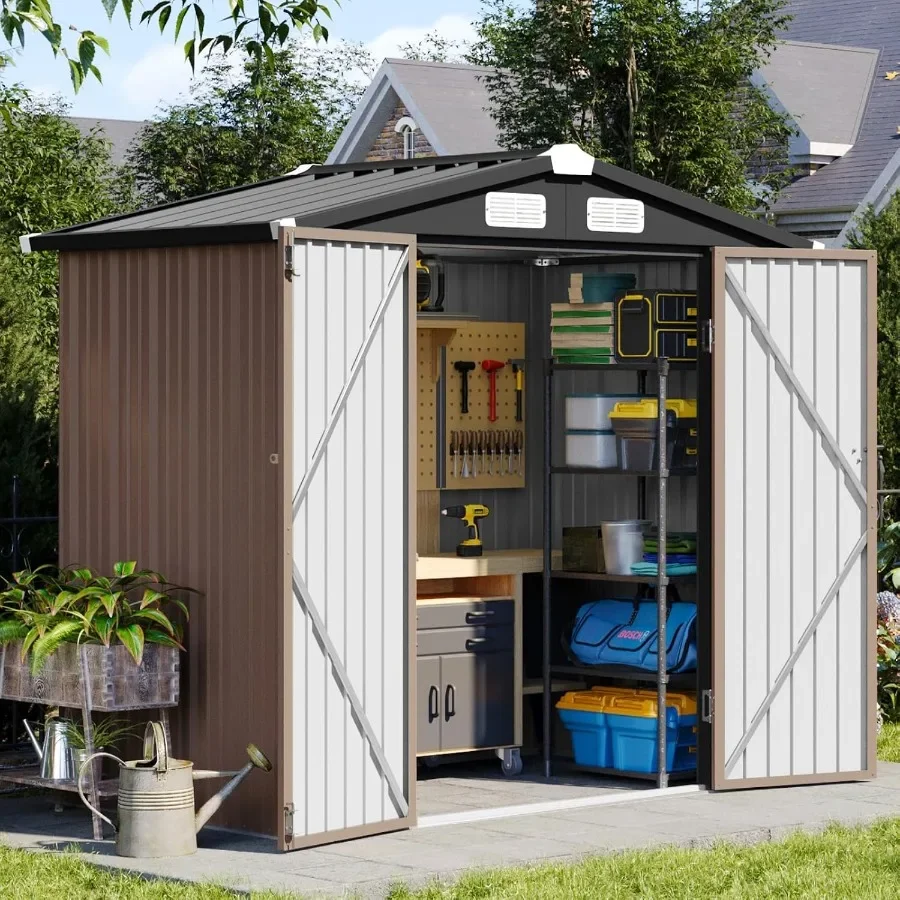 `6x4 FT Metal Outdoor Storage Shed, Heavy Duty Galvanized Steel Weather Resistant Tool House with Lockable Double Door & Vented Roof for Backyard Garden`