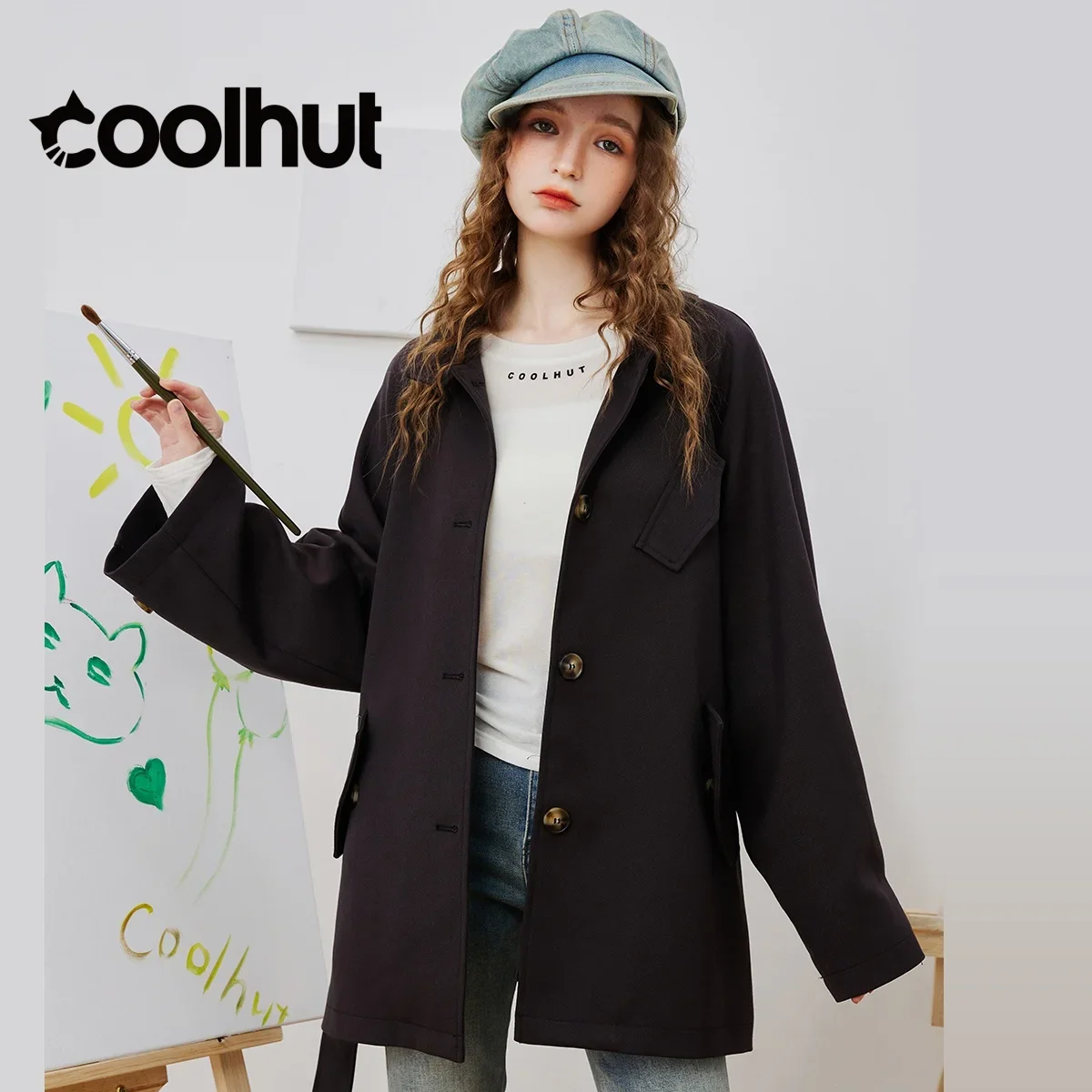 Cooler nova chegada feminina 2025 trench coat com cinto cintura meados de comprimento gola mangas raglan elegante outono outerwear